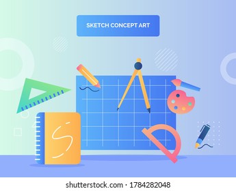 Sketch concept art concept drawing tool icon set collection book sketch ruler pain brush pencil triangle with flat style.