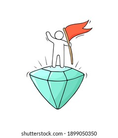 Sketch concept - man on the top of a diamond. Doodle cute miniature scene about success. Hand drawn cartoon vector illustration for business design.