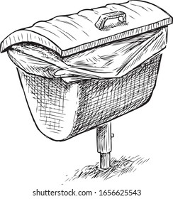 Sketch of container for trash standing on resort beach 