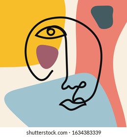 Sketch of continuous human face on colored background with abstract shapes. Modern vector illustration.