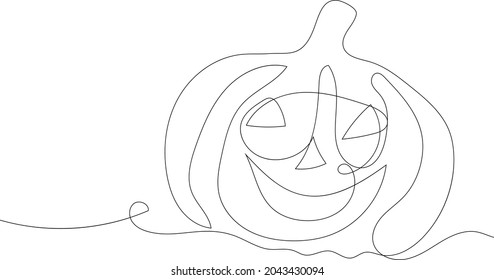 The sketch is continuous line. Vector drawing of a pumpkin for Halloween. Black line on a white background. Freehand drawing, line.