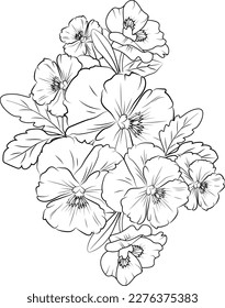 sketch contour bouquet of pansy flowers, Sketch violet flower drawing, flower cluster drawing, Easy flower coloring pages, flower coloring page for kids, purple pansies drawing.   