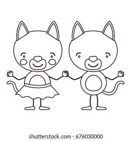 sketch contour caricature with couple of kittens holding hands vector illustration