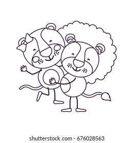 sketch contour caricature with couple of lioness and lion one carrying the other cute animals love vector illustration