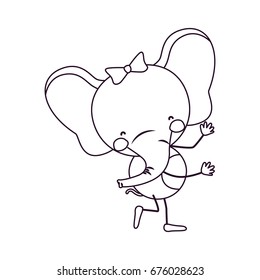 sketch contour caricature of cute expression female elephant in dance pose with bow lace vector illustration