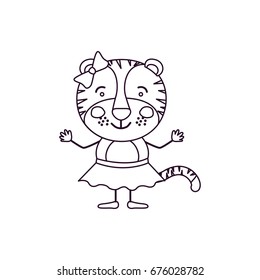 sketch contour caricature of cute expression female tigress in skirt with bow lace vector illustration