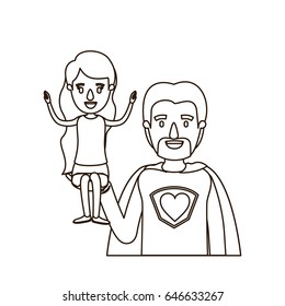 sketch contour caricature half body super dad hero with girl on his hand vector illustration
