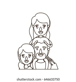 sketch contour caricature half body family with mother and father with moustache and girl on his back vector illustration