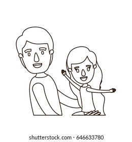 sketch contour caricature half body young man carrying a little girl vector illustration