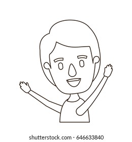 sketch contour caricature side view half body boy with hands up vector illustration