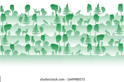 Sketch, contour of the forest and animal wolf, hare, deer, rabbit, bear, green lines. Suitable for emblem, symbol, logo, advertisement, label, background image