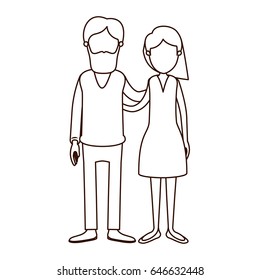 sketch contour full body woman with wavy short hair in skirt and man embracing couple vector illustration