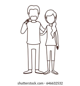 sketch contour full body woman with ponytail side hair and man embracing couple vector illustration