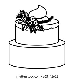sketch contour of hand drawing two-story cake with buttercream decorative and ornament plants vector illustration