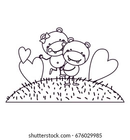 sketch contour scene sky landscape and grass with caricature couple of hippos one carrying the other vector illustration