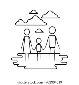 sketch contour of sky landscape and grass with pictogram couple holding hands of boy vector illustration
