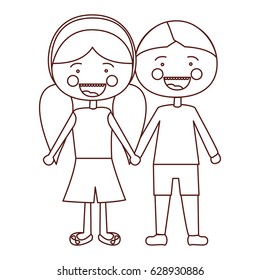 sketch contour smile expression cartoon boy hair and girl pigtails hairstyle with taken hands vector illustration