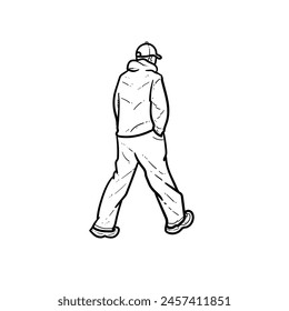 Sketch Cool boy or guy or man with hoodie sweater walking with cap facing back on white Background vector modern illustration