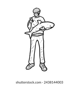 Sketch Cool boy or man or guy keep his shark doll while check his handphone smartphone sweatshirt jacket sweater on white Background vector modern illustration
