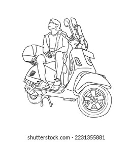 Sketch Cool boy sit on white scooter, modern vector line art illustration