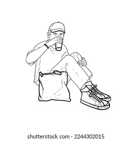Esbozo Niño genial sentado en el suelo bebiendo café blanco Vector de fondo ilustración moderna