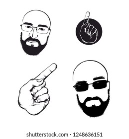 Sketch cool fun guy. A man with a beard in two versions: sunglasses and ordinary glasses. Direction pointer in the technique of manual graphics with additional artistic elements.