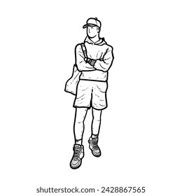 Sketch Cool guy or man or boy with hand bag cap and shoes for good style isolated on white background vector modern illustrations