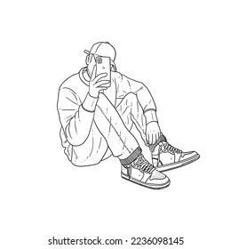 Sketch Cool guy sitting on the ground and take his picture with his smartphone isolated on white background vector modern illustrations