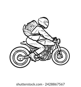 Sketch Cool Helmet Rider riding Motorcycle with Japanese style or bobber style or scramble style or cafe racer style isolated on white background vector modern illustrations