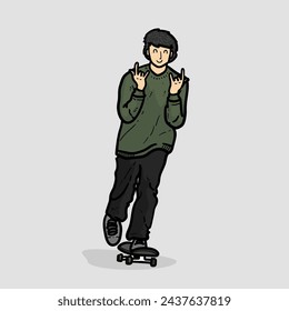 Sketch Cool kid man or boy or guy skating with his skateboard with metal hand gesture isolated on white background vector modern illustrations