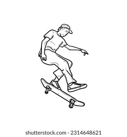 Sketch Cool Man or Boy doing trick skateboard isolated on white background vector modern illustrations