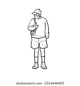 Sketch Cool Man or Boy standing with keep his sling bag isolated on white background vector modern illustrations