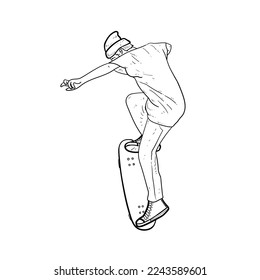 Sketch cool skater boy doing good trick skateboard white Background vector modern illustration