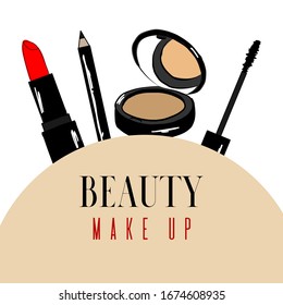 Sketch of cosmetic products, fashion makeup banner. Mascara, powder, red lipstick, eyeliner on a white background.