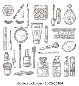 Sketch cosmetics. False eyelashes, lipstick and perfume, powder and makeup brush, and nail polish, foundation and tweezers doodle vector set