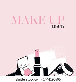 Sketch of cosmetics products, fashion makeup beauty banner. Brushes, powder palettes, lipstick, fashion vector illustrations set on pink background. Cosmetics shop, beauty salon