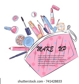 Sketch of cosmetics products, fashion makeup banner. Brushes, powder palettes, lipstick, eye pencil, nail polish realistic vector illustrations set on white background. Cosmetics shop, beauty salon