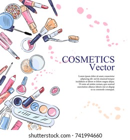 Sketch of cosmetics products, fashion makeup banner. Brushes, powder palettes, lipstick, eye pencil, nail polish realistic vector illustrations set on white background. Cosmetics shop, beauty salon