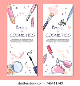 Sketch of cosmetics products, fashion makeup banner. Brushes, powder palettes, lipstick, eye pencil, nail polish vector illustrations set. Cosmetics shop, beauty salon