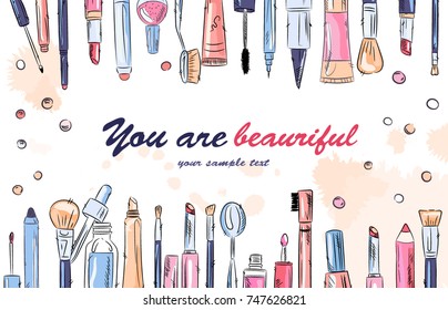 Sketch of cosmetics products, fashion makeup banner. Brushes, powder palettes, lipstick, eye pencil, nail polish vector illustrations set. Cosmetics shop, beauty salon