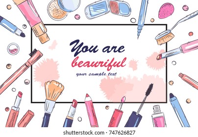Sketch of cosmetics products, fashion makeup banner. Brushes, powder palettes, lipstick, eye pencil, nail polish vector illustrations set. Cosmetics shop, beauty salon