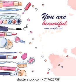 Sketch of cosmetics products, fashion makeup banner. Brushes, powder palettes, lipstick, eye pencil, nail polish vector illustrations set. Cosmetics shop, beauty salon