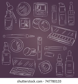 Sketch of cosmetics products, fashion makeup banner. Brushes, powder palettes, lipstick, eye pencil, nail polish vector illustrations set. Cosmetics shop, beauty salon