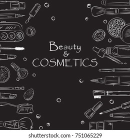 Sketch of cosmetics products, fashion makeup banner. Brushes, powder palettes, lipstick, eye pencil, nail polish realistic vector illustrations set on white background. Cosmetics shop, beauty salon
