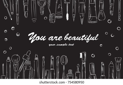 Sketch of cosmetics products, fashion makeup banner on blackboard. Brushes, powder palettes, lipstick, eye pencil, nail polish vector illustrations set. Cosmetics shop, beauty salon