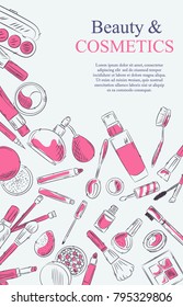 Sketch of cosmetics products, fashion makeup banner. Brushes, powder palettes, lipstick, eye pencil, nail polish realistic vector illustrations set on white background. Cosmetics shop, beauty salon