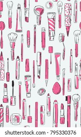 Sketch of cosmetics products, fashion makeup banner. Brushes, powder palettes, lipstick, eye pencil, nail polish realistic vector illustrations set on white background. Cosmetics shop, beauty salon