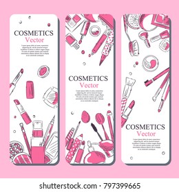 - Sketch of cosmetics products, fashion makeup banner. Brushes, powder palettes, lipstick, eye pencil, nail polish vector illustrations set. Cosmetics shop, beauty salon