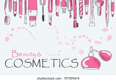 - Sketch of cosmetics products, fashion makeup banner. Brushes, powder palettes, lipstick, eye pencil, nail polish vector illustrations set. Cosmetics shop, beauty salon