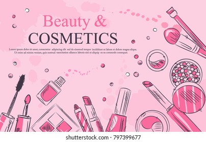 - Sketch of cosmetics products, fashion makeup banner. Brushes, powder palettes, lipstick, eye pencil, nail polish vector illustrations set. Cosmetics shop, beauty salon